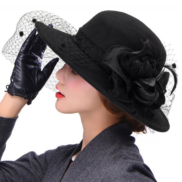 Accessories - Vintage Bowler Fedora Hat with Veil Floppy Brim Felt Elegant Fascinator